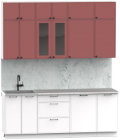 Кухонный гарнитур Интермебель Лион-6 2.1м (красная глазурь софт/белый софт/мрамор лацио белый) - 