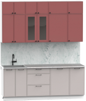 Кухонный гарнитур Интермебель Лион-6 2.1м (красная глазурь софт/луна софт/мрамор лацио белый) - 