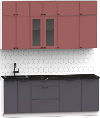 Кухонный гарнитур Интермебель Лион-6 В-1 2.1м (красная глазурь софт/графит софт/тунис)
