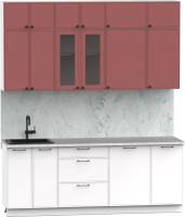 Кухонный гарнитур Интермебель Лион-6 В-1 2.1м (красная глазурь софт/белый софт/мрамор лацио белый) - 