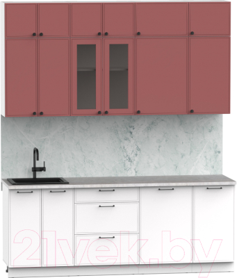 Кухонный гарнитур Интермебель Лион-6 В-1 2.1м (красная глазурь софт/белый софт/мрамор лацио белый)