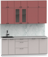 Кухонный гарнитур Интермебель Лион-6 В-1 2.1м (красная глазурь софт/луна софт/мрамор лацио белый) - 