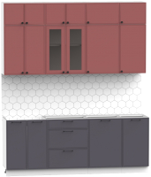 Кухонный гарнитур Интермебель Лион-6 2.1м без столешницы (красная глазурь софт/графит софт) - 