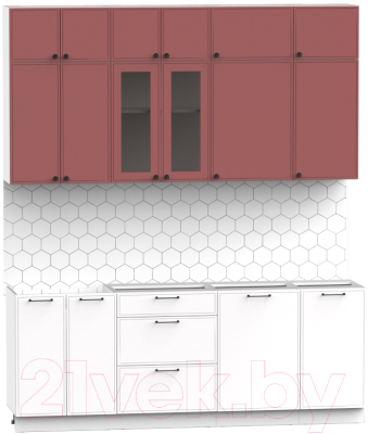 Кухонный гарнитур Интермебель Лион-6 2.1м без столешницы (красная глазурь софт/белый софт)