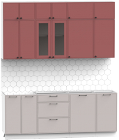 Кухонный гарнитур Интермебель Лион-6 2.1м без столешницы (красная глазурь софт/луна софт) - 