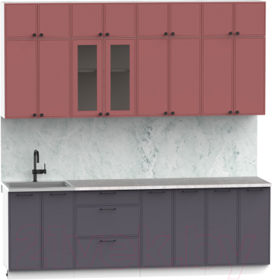 Кухонный гарнитур Интермебель Лион-8 2.4м (красная глазурь софт/графит софт/мрамор лацио белый)
