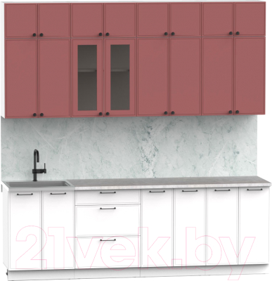 Готовая кухня Интермебель Лион-8 2.4м (красная глазурь софт/белый софт/мрамор лацио белый)