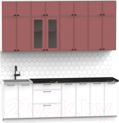 Кухонный гарнитур Интермебель Лион-8 2.4м (красная глазурь софт/белый софт/тунис)