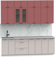 Кухонный гарнитур Интермебель Лион-8 2.4м (красная глазурь софт/луна софт/мрамор лацио белый) - 