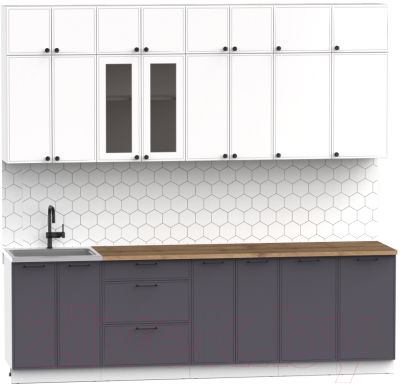 Кухонный гарнитур Интермебель Лион-9 2.6м (белый софт/графит софт/дуб фигурный светлый)
