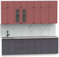 Кухонный гарнитур Интермебель Лион-9 2.6м (красная глазурь софт/графит софт/мрамор лацио белый) - 