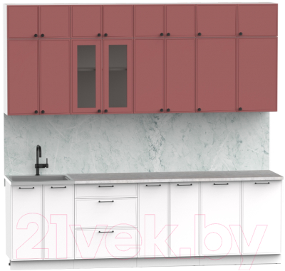 Кухонный гарнитур Интермебель Лион-9 2.6м (красная глазурь софт/белый софт/мрамор лацио белый)