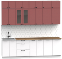Кухонный гарнитур Интермебель Лион-9 2.6м (красная глазурь софт/белый софт/дуб фигурный светлый) - 