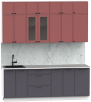 Кухонный гарнитур Интермебель Лион-7 В-1 2.2м (красная глазурь софт/графит софт/мрамор лацио белый) - 