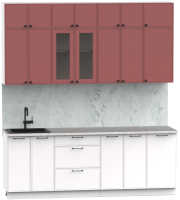 Кухонный гарнитур Интермебель Лион-7 В-1 2.2м (красная глазурь софт/белый софт/мрамор лацио белый) - 