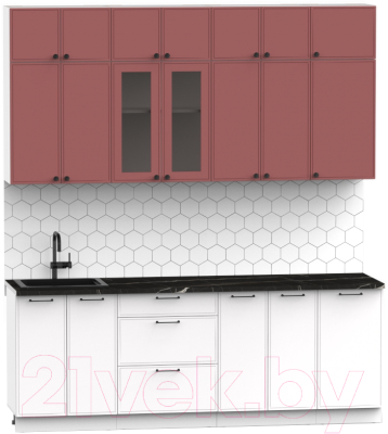 Готовая кухня Интермебель Лион-7 В-1 2.2м (красная глазурь софт/белый софт/тунис)