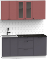 Кухонный гарнитур Интермебель Лион-13 1.7м (красная глазурь софт/графит софт/сесамо) - 