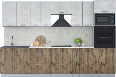 Готовая кухня Интерлиния Мила Лайт 3.0 ВТ (бетон лайт/дуб веллингтон/опал светлый)
