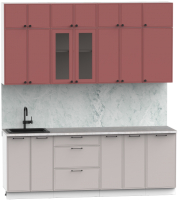 Кухонный гарнитур Интермебель Лион-7 В-1 2.2м (красная глазурь софт/луна софт/мрамор лацио белый) - 