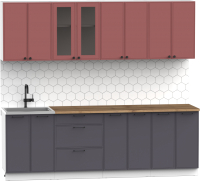 Кухонный гарнитур Интермебель Лион-18 2.4м (красная глазурь софт/графит софт/дуб фигурный светлый) - 