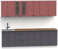 Кухонный гарнитур Интермебель Лион-19 2.6м (красная глазурь софт/графит софт/дуб фигурный светлый) - 