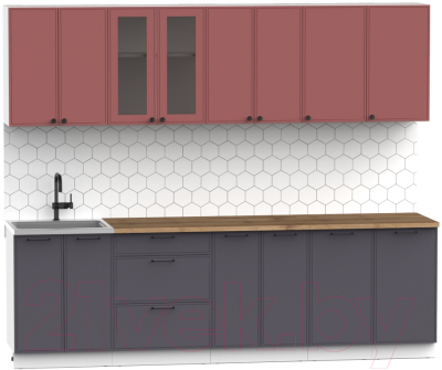 Готовая кухня Интермебель Лион-19 2.6м (красная глазурь софт/графит софт/дуб фигурный светлый)