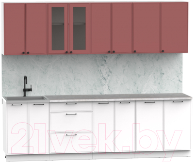 Кухонный гарнитур Интермебель Лион-19 2.6м (красная глазурь софт/белый софт/лунный камень)