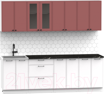 Кухонный гарнитур Интермебель Лион-18 2.4м (красная глазурь софт/белый софт/тунис)