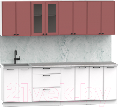 Кухонный гарнитур Интермебель Лион-18 2.4м (красная глазурь софт/белый софт/лунный камень)