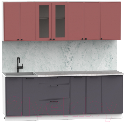 Кухонный гарнитур Интермебель Лион-17 2.2м (красная глазурь софт/графит софт/лунный камень)