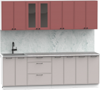 Кухонный гарнитур Интермебель Лион-18 2.4м (красная глазурь софт/луна софт/мрамор лацио белый) - 