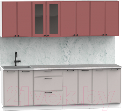 Кухонный гарнитур Интермебель Лион-18 2.4м (красная глазурь софт/луна софт/мрамор лацио белый)