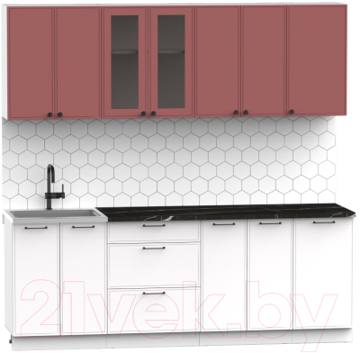Кухонный гарнитур Интермебель Лион-17 2.2м (красная глазурь софт/белый софт/сесамо)