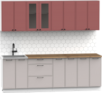 Кухонный гарнитур Интермебель Лион-18 2.4м (красная глазурь софт/луна софт/дуб фигурный светлый) - 