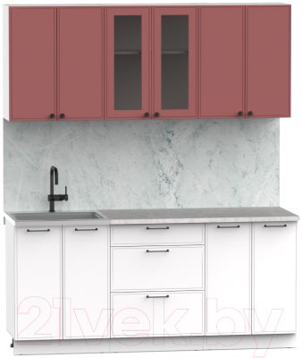 Готовая кухня Интермебель Лион-14 1.8м (красная глазурь софт/белый софт/мрамор лацио белый)