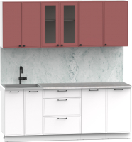 Кухонный гарнитур Интермебель Лион-15 2м (красная глазурь софт/белый софт/мрамор лацио белый) - 