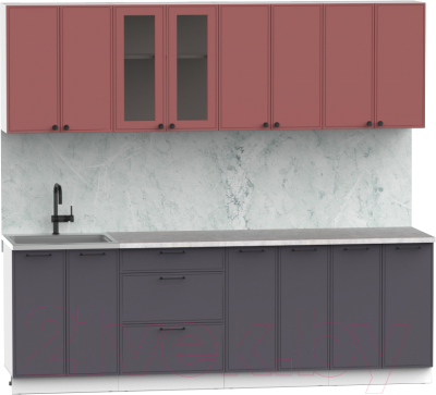 Готовая кухня Интермебель Лион-18 2.4м (красная глазурь софт/графит софт/лунный камень)