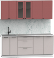 Кухонный гарнитур Интермебель Лион-15 2м (красная глазурь софт/луна софт/мрамор лацио белый) - 