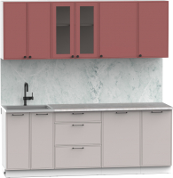 Кухонный гарнитур Интермебель Лион-16 2.1м (красная глазурь софт/луна софт/мрамор лацио белый) - 