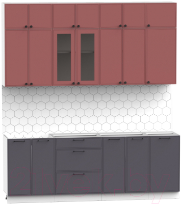Кухонный гарнитур Интермебель Лион-7 2.2м без столешницы (красная глазурь софт/графит софт)