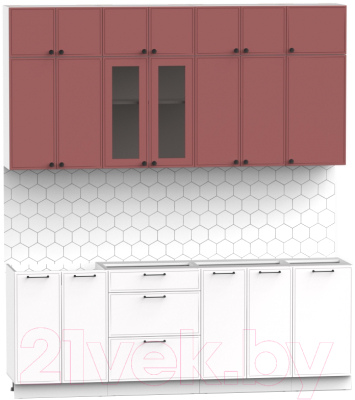 Готовая кухня Интермебель Лион-7 2.2м без столешницы (красная глазурь софт/белый софт)