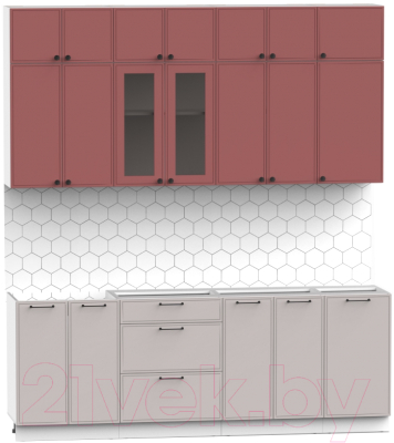 Кухонный гарнитур Интермебель Лион-7 2.2м без столешницы (красная глазурь софт/луна софт)