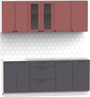 Кухонный гарнитур Интермебель Лион-15 2м без столешницы (красная глазурь софт/графит софт)
