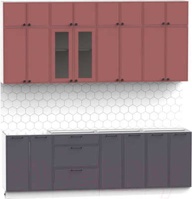 Кухонный гарнитур Интермебель Лион-8 2.4м без столешницы (красная глазурь софт/графит софт)