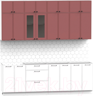 Кухонный гарнитур Интермебель Лион-8 2.4м без столешницы (красная глазурь софт/белый софт)