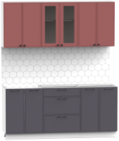 Готовая кухня Интермебель Лион-14 1.8м без столешницы (красная глазурь софт/графит софт) - 