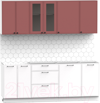 Кухонный гарнитур Интермебель Лион-16 2.1м без столешницы (красная глазурь софт/белый софт)