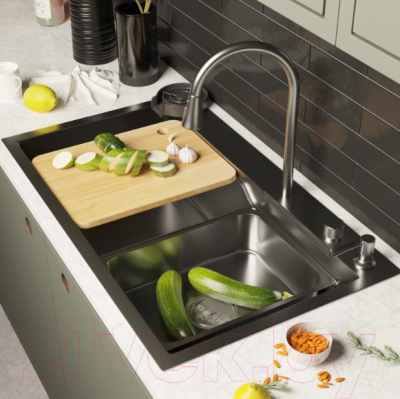 Мойка кухонная со смесителем Mixline Pro 552104 (черный графит, с сифоном)