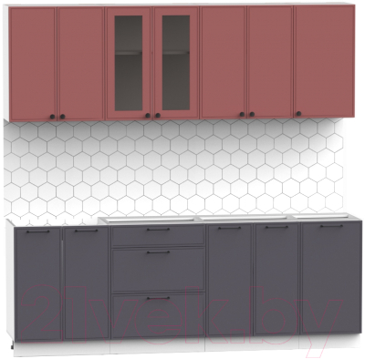 Кухонный гарнитур Интермебель Лион-17 2.2м без столешницы (красная глазурь софт/графит софт)
