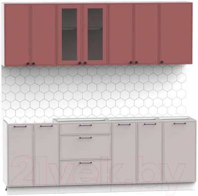 Кухонный гарнитур Интермебель Лион-17 2.2м без столешницы (красная глазурь софт/луна софт)